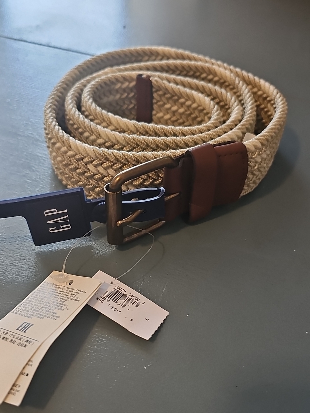 GAP Braided Elastic Stretch Belt Mens Size L Khaki Beige Woven Casual Classic